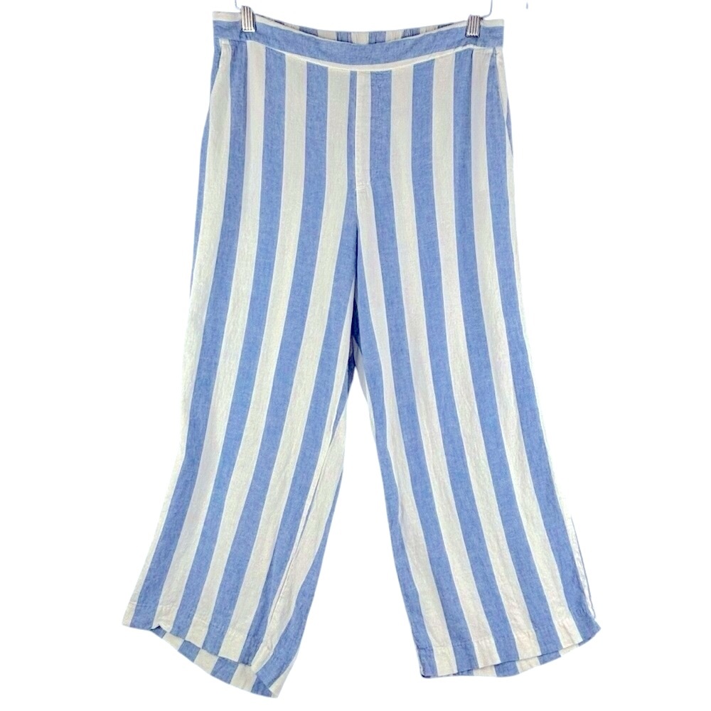 Old Navy Linen Blend High Rise Blue & White Chambray Stripe Summer Crop Pant 10